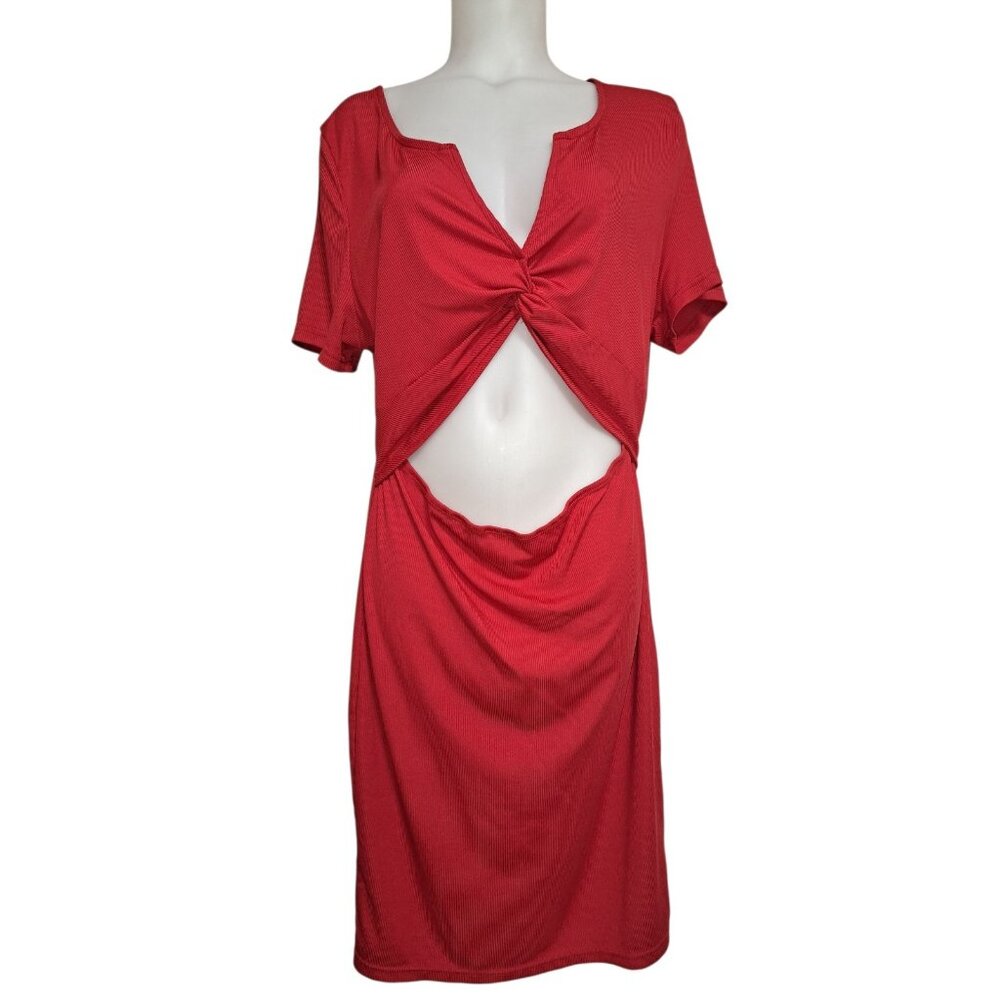 Red Cut Out Twist Front Bodycon Dress Womens 2XL Short Sleeve Ruched Party